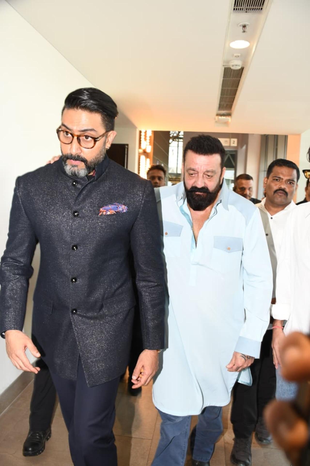 Abhishek Bachchan and Sanjay Dutt were seen exiting the venue together at the Raja Shivaji trailer launch.